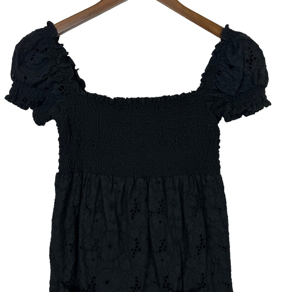 Juicy Couture Black Eyelet Smocked Mini Babydoll Cotton Summer Dress w Pockets - Picture 3 of 7
